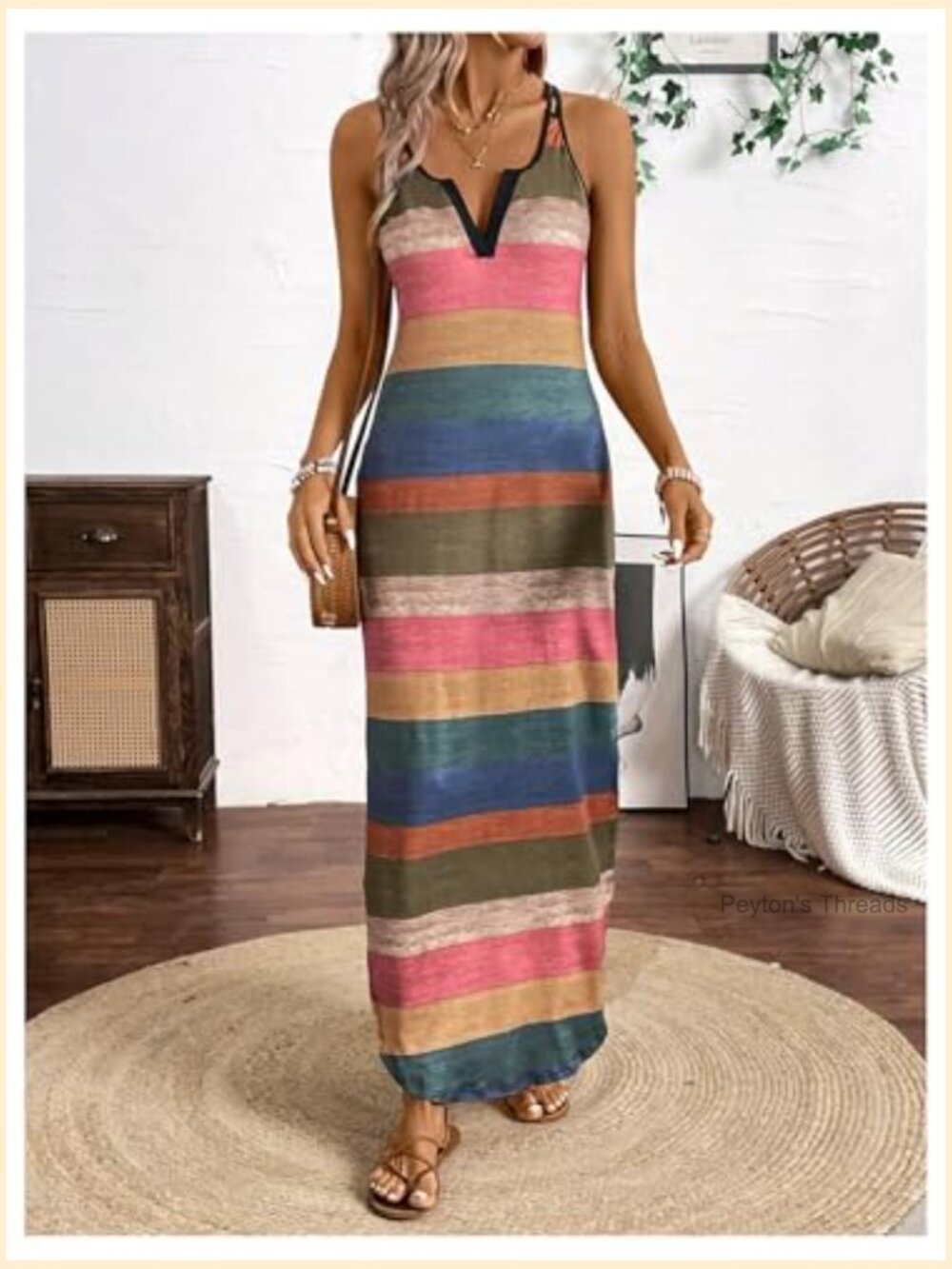 Striped Color Block Maxi Dress Notched V Neck Spaghetti Strap Split Cami Dress - Picture 5 of 5